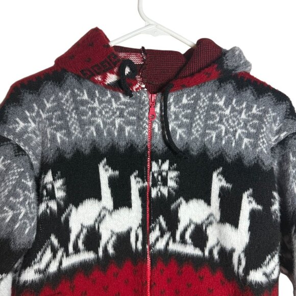 Boys Alpaca Wool Hooded Sweater Jacket Llama Drawstring Hem Red Black size 10 - Picture 2 of 7